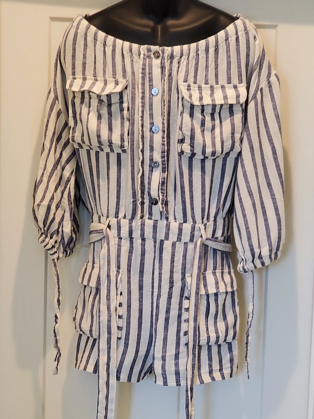 Forever 21 Navy and White Striped Off-Shoulder Romper